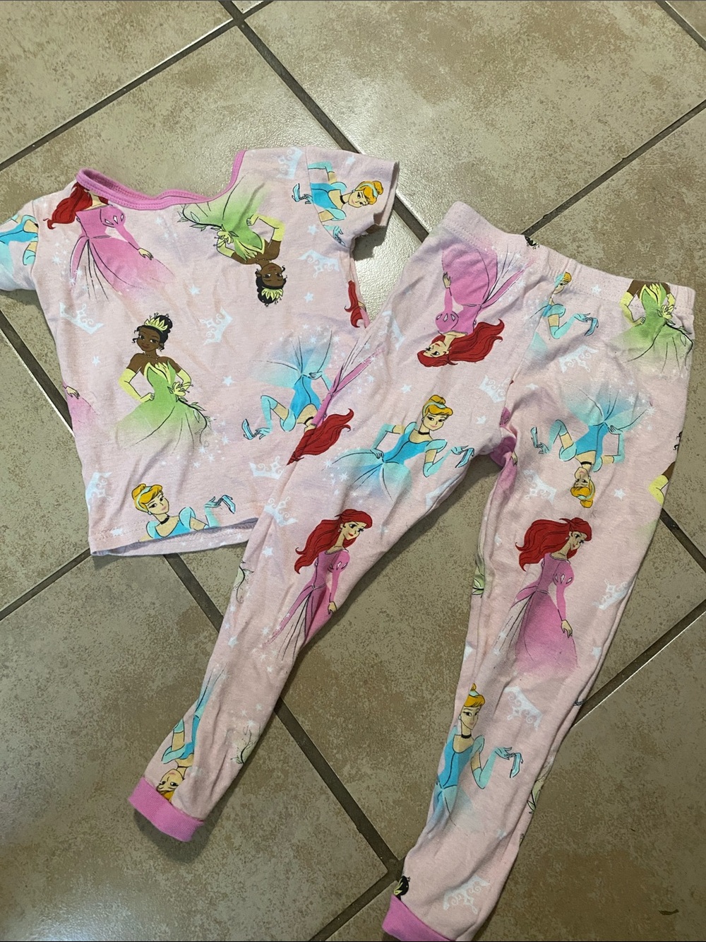 Disney Girls Pink Princess Pajama Set with Multicolor Character Prints